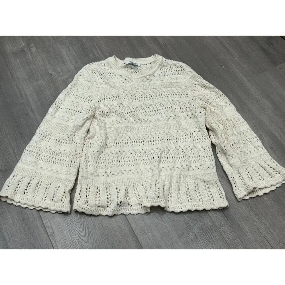 NWT‎ Madewell Womens Cream Relaxed Fit Cropped Scalloped-Trim Sweater Size Small